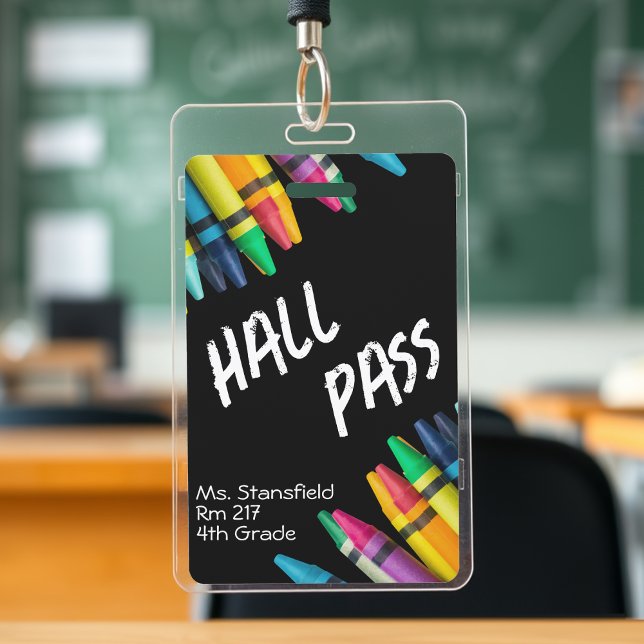 Tarjeta De Identificación Pase del salón de baño de clase Crayon Student (black and white crayon teacher student hall pass badge)