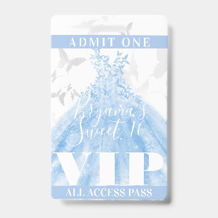 Tarjeta De Identificación Pase VIP Butterfly Dance Blue Silver Sweet 16