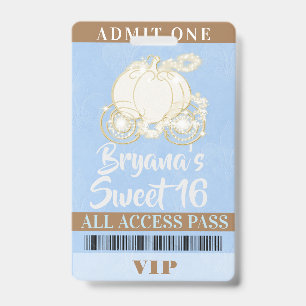 Tarjeta De Identificación Pase VIP Cumpleaños Dulces 16 Cinderella Carruaje 