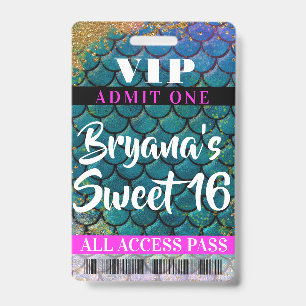Tarjeta De Identificación Pase VIP Cumpleaños Dulces 16 Escamas de Sirena Br