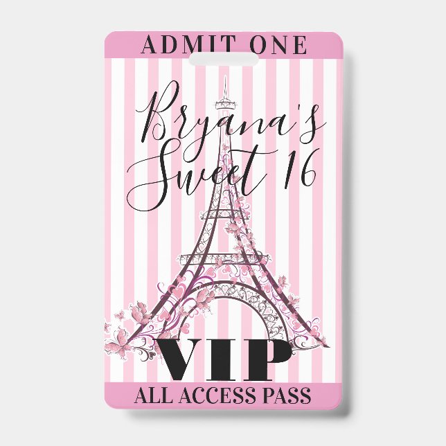 Tarjeta De Identificación Pase VIP de 16 Fiestas de la Torre Eiffel Rosa (Anverso)
