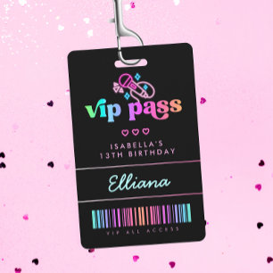 Tarjeta De Identificación Pase VIP de Cumpleaños de Karaoke con Brillo Neon 