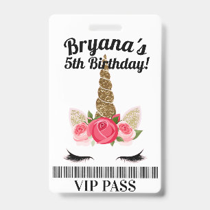Tarjeta De Identificación Pase VIP de Cumpleaños Floral Unicornio Rosa Dorad