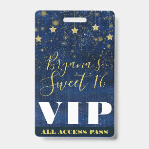 Tarjeta De Identificación Pase VIP de Dulces 16 dorado azul bajo las estrell