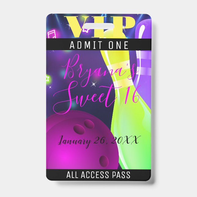 Tarjeta De Identificación Pase VIP de fiesta de cumpleaños de bolos con luce (Parte frontal)