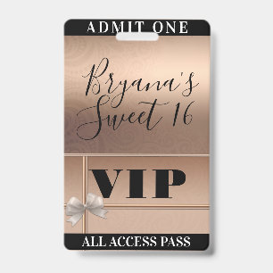 Tarjeta De Identificación Pase VIP de fiesta Sweet 16 de oro rosa brillante 