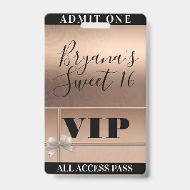 Tarjeta De Identificación Pase VIP de fiesta Sweet 16 de Rosa Dorado Brillan