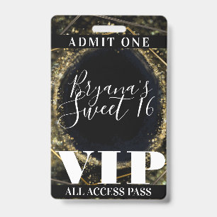 Tarjeta De Identificación Pase VIP Dorado Negro Luces Brillantes Glam Dulces
