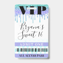 Tarjeta De Identificación Pase VIP Glitter Drip Sirena Azul Turquesa Purpura