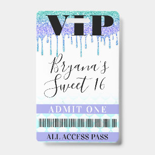 Tarjeta De Identificación Pase VIP Glitter Drip Sirena Azul Turquesa Purpura