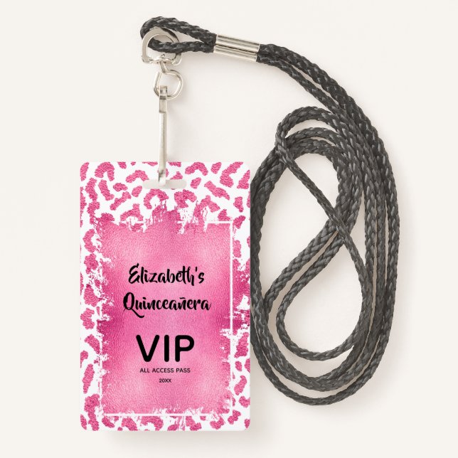 Tarjeta De Identificación Pase VIP Invitado a Quinceañera Leopardo Blanco Ro (Anverso son cordón)