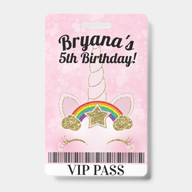Tarjeta De Identificación Pase VIP para Fiesta de Cumpleaños de Unicornio Ro (Parte frontal)