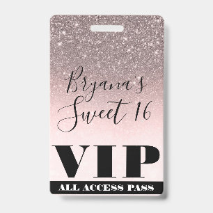 Tarjeta De Identificación Pase VIP para Sweet 16 con Brillo Plateado y Rubor