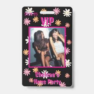 Tarjeta De Identificación Pase VIP Retro Black & Pink Daisy Hen Fiesta