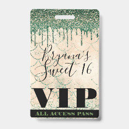 Tarjeta De Identificación Pase VIP Sweet 16 Brillo de Sirena Verde Melocotón