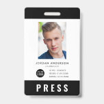 Tarjeta De Identificación Pases de prensa de periodistas con logotipos de Pe<br><div class="desc">Presione el botón de identificación de foto con un color de borde inferior editable (haga clic en personalizar, seleccione "NameTagBadge3.2" y cambie de color), color de fondo editable y también puede agregar su logotipo. Excelente para periodistas, reporteros, fotógrafos, escritores, blogueros, etc. Personalícelo reemplazando el texto de marcador de posición y...</div>