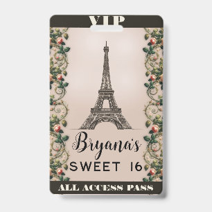 Tarjeta De Identificación Pases VIP Paris Pink Rose Vines Torre Eiffel