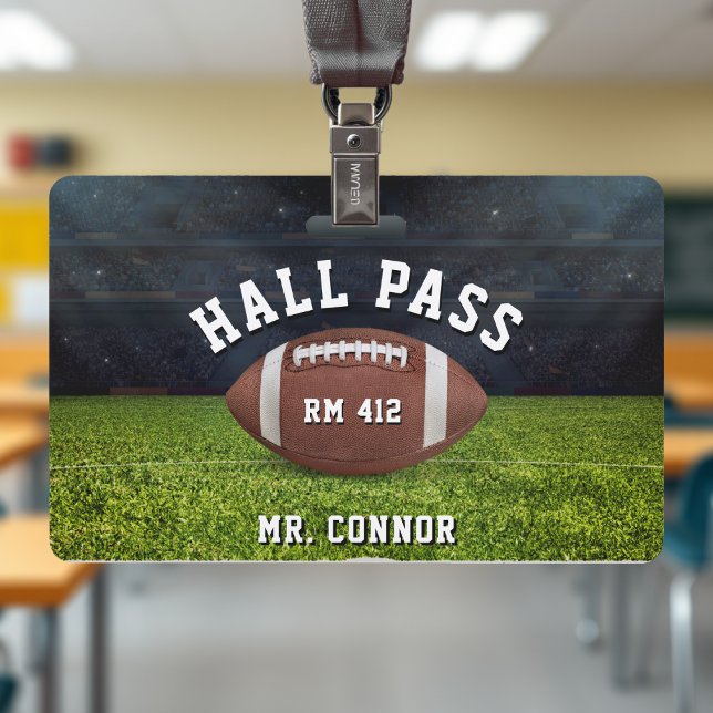 Tarjeta De Identificación Paso en la sala de estudiantes del gimnasio americ (American Football Gym Teacher Student Hall Pass Badge
)