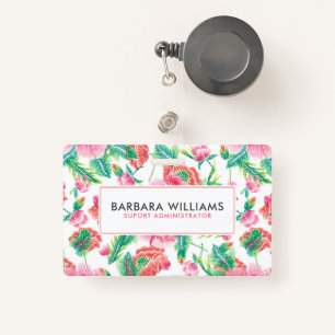 Tarjeta De Identificación Patrón de flor verde de flores de color rosa brill
