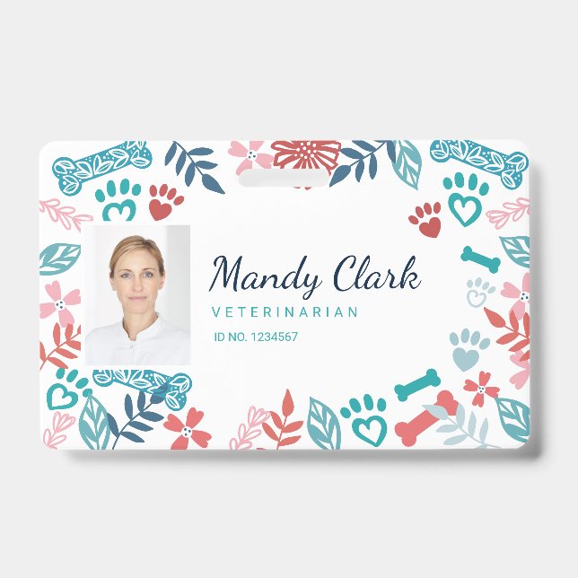 Tarjeta De Identificación Patrón de huella de pata de mascota floral y de fo (Parte frontal)