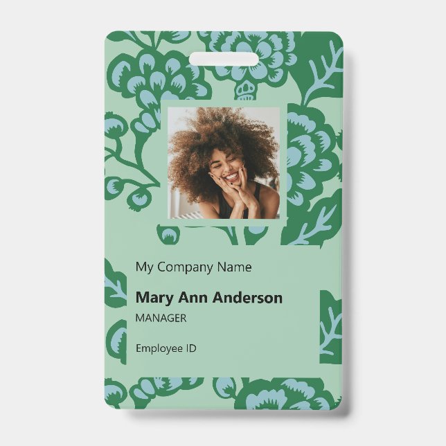 Tarjeta De Identificación Patrón floral verde y azul vibrante y audaz (Parte frontal)