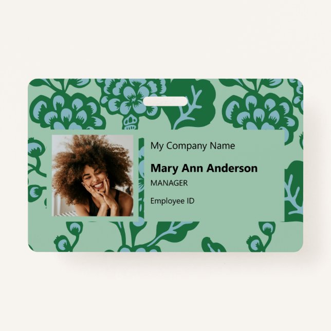 Tarjeta De Identificación Patrón floral verde y azul vibrante y audaz (Anverso)