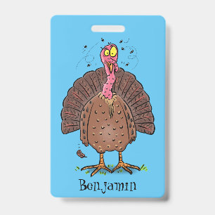 Tarjeta De Identificación Pavo de granja marrón divertido con moscas caricat