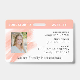 Tarjeta De Identificación Peach Watercolor Homeschool Educator ID Badge