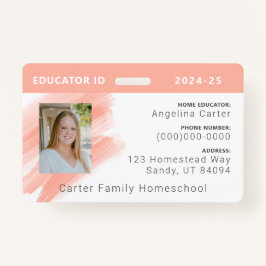 Tarjeta De Identificación Peach Watercolor Homeschool Educator ID Badge