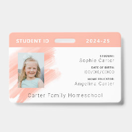 Tarjeta De Identificación Peach Watercolor Homeschool Student ID Badge
