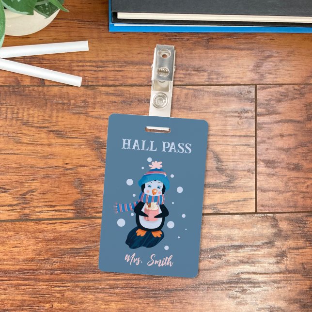 Tarjeta De Identificación Penguin with Hot Cocoa Winter Blue Hall Pass Badge (Cute winter blue vertical student hall pass with a cartoon penguin holding a cup of hot cocoa . )