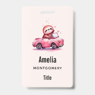 Tarjeta De Identificación Perezoso Adorable Conduciendo un Convertible Rosa