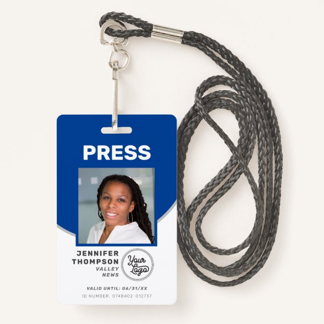 Tarjeta De Identificación Periodista Press Pass Blue and White Photo ID (Anverso son cordón)