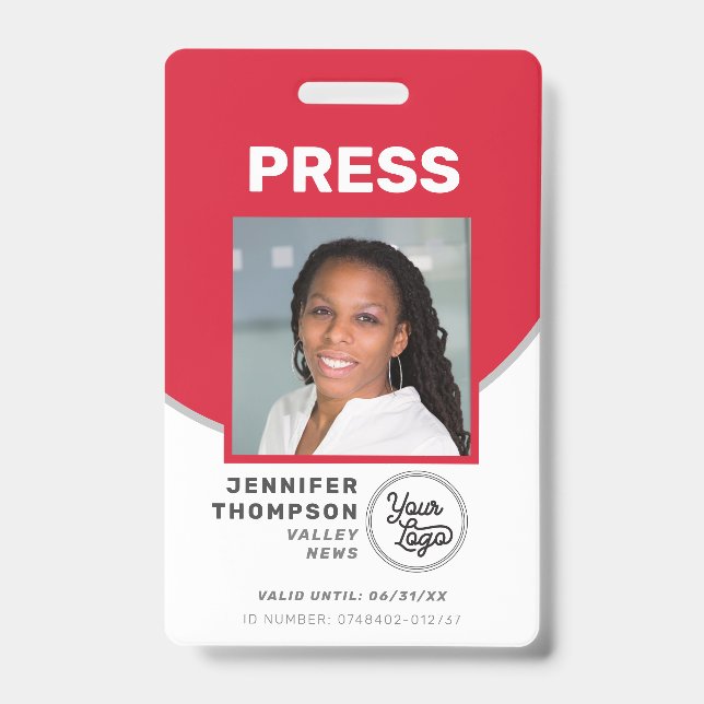 Tarjeta De Identificación Periodista Press Pass Red and White Photo ID (Parte frontal)