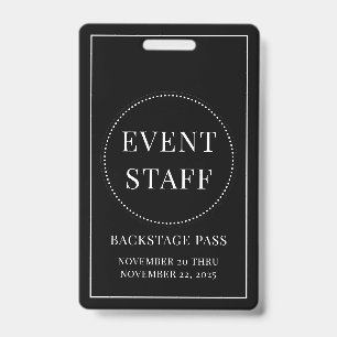 Tarjeta De Identificación Personal de Evento Pase Trasero Negro Blanco ID