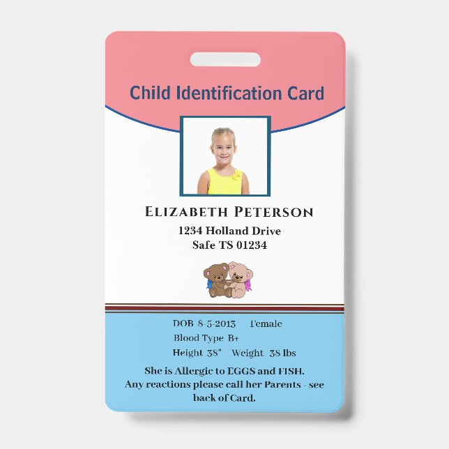 Tarjeta De Identificación Personalización de identificación de Chica de niño (Front)