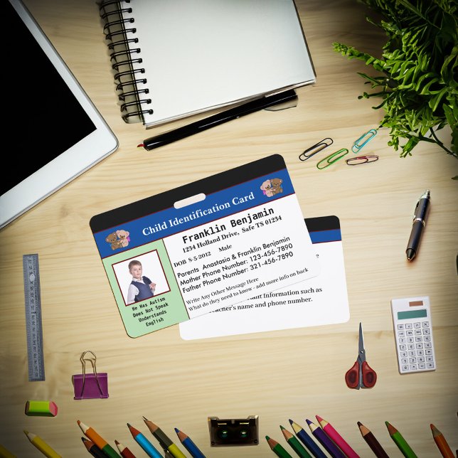 Tarjeta de identificación personalizada con foto d (Child Photo ID Identification Card Custom Badge is great for your child to carry every day. )