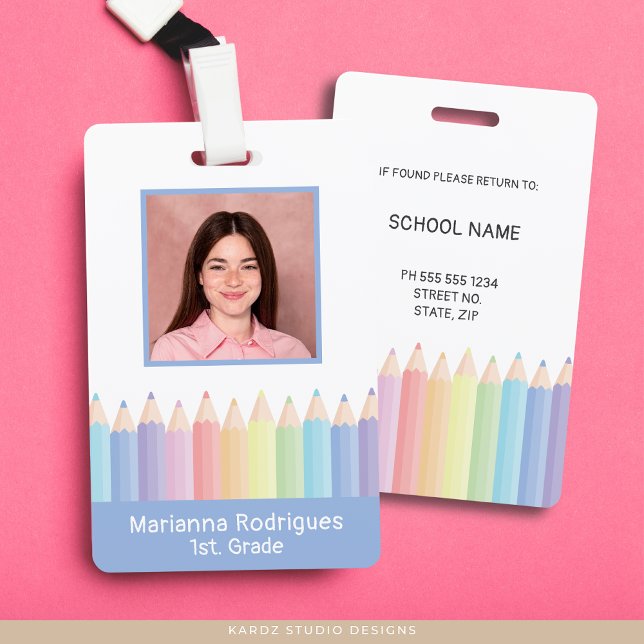 Tarjeta de identificación personalizada de maestro (Front and back of employee badge shown. Customize with your photo and school information.)