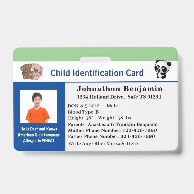 Tarjeta de identificación personalizada para niño  (Parte frontal)