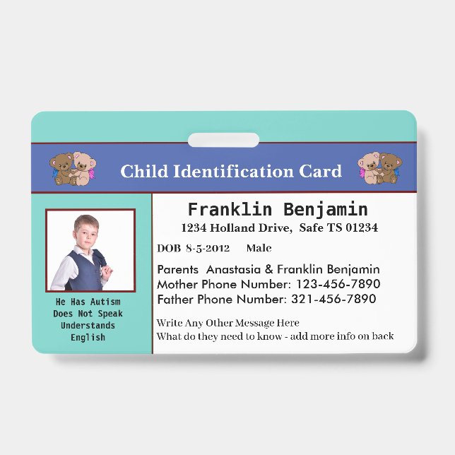 Tarjeta de identificación personalizada para niños (Parte frontal)