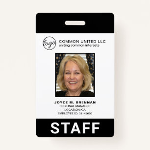 Tarjeta De Identificación Personalizado Black Business Logo Employee Photo I
