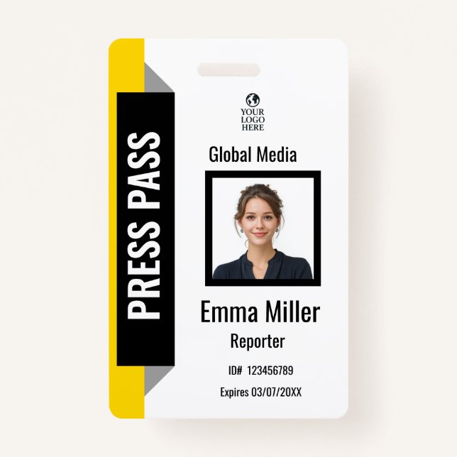 Tarjeta De Identificación Personalizado Black & Yellow Media Pass | Insignia (Anverso)