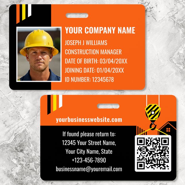 Tarjeta De Identificación Personalizado Construcción ID Trabajo QR Naranja d (Subido por el creador)