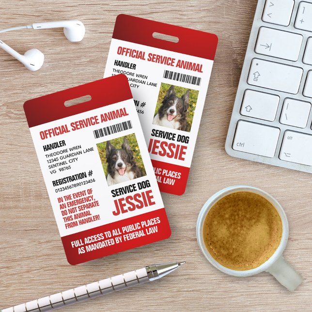 Tarjeta De Identificación Personalizado de animales del Servicio Oficial Roj (Red Service Animal Photo ID Badge Cover Photo.)