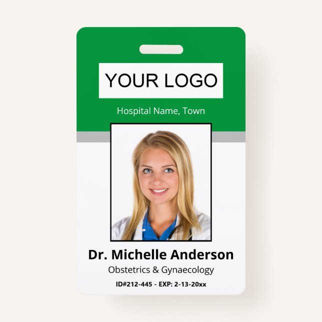 Tarjeta De Identificación Personalizado Empleado Médica Verde Foto Identidad (Anverso)