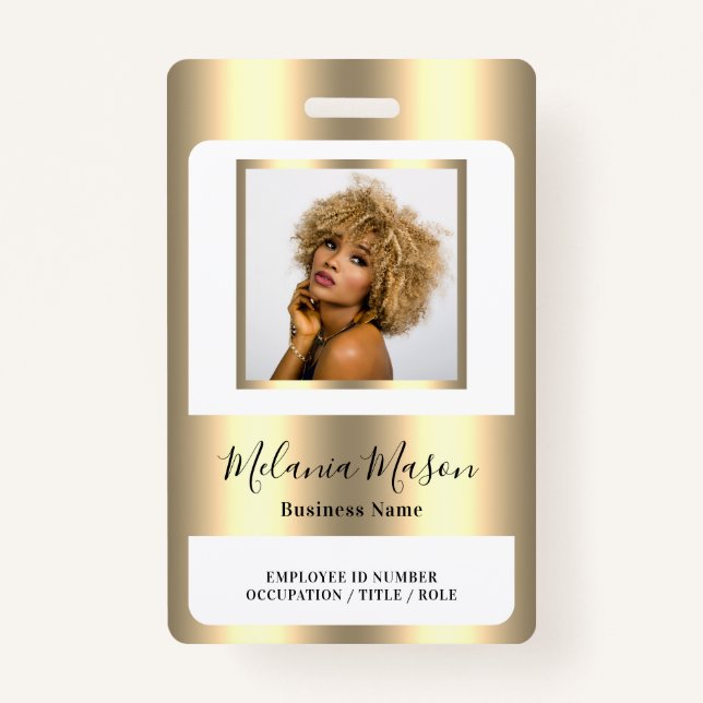 Tarjeta De Identificación Personalizado Foto Nombre Metallic Gold Staff (Anverso)