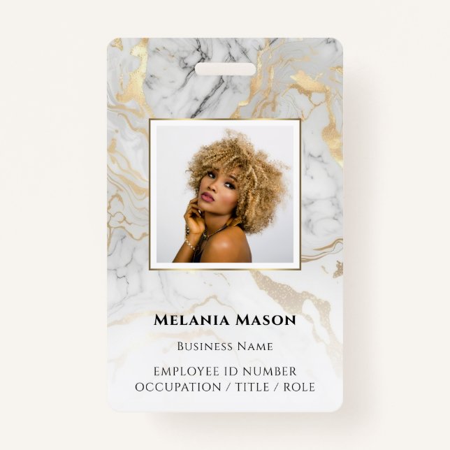 Tarjeta De Identificación Personalizado Foto Oro Marble Blanco Elegante Pers (Anverso)