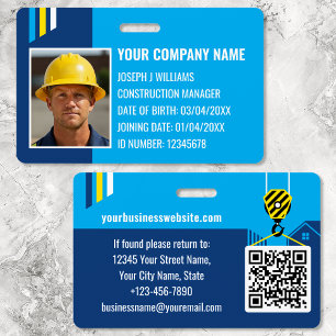 Tarjeta De Identificación Personalizado Id Trabajo de Construcción Código QR