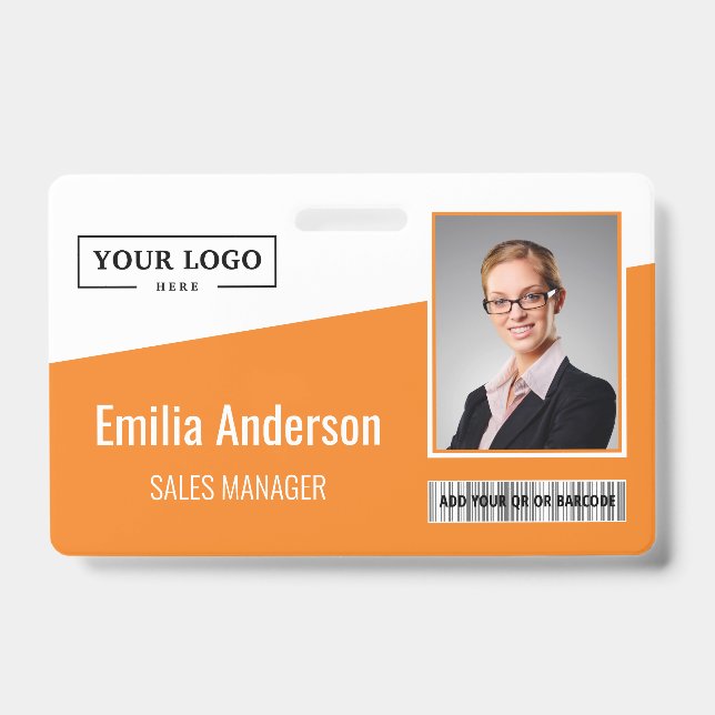 Tarjeta De Identificación Personalizado Naranja de fotografía de empleado co (Parte frontal)