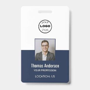 Tarjeta De Identificación Personalizado Navy Blue Business Logo Employee Pho